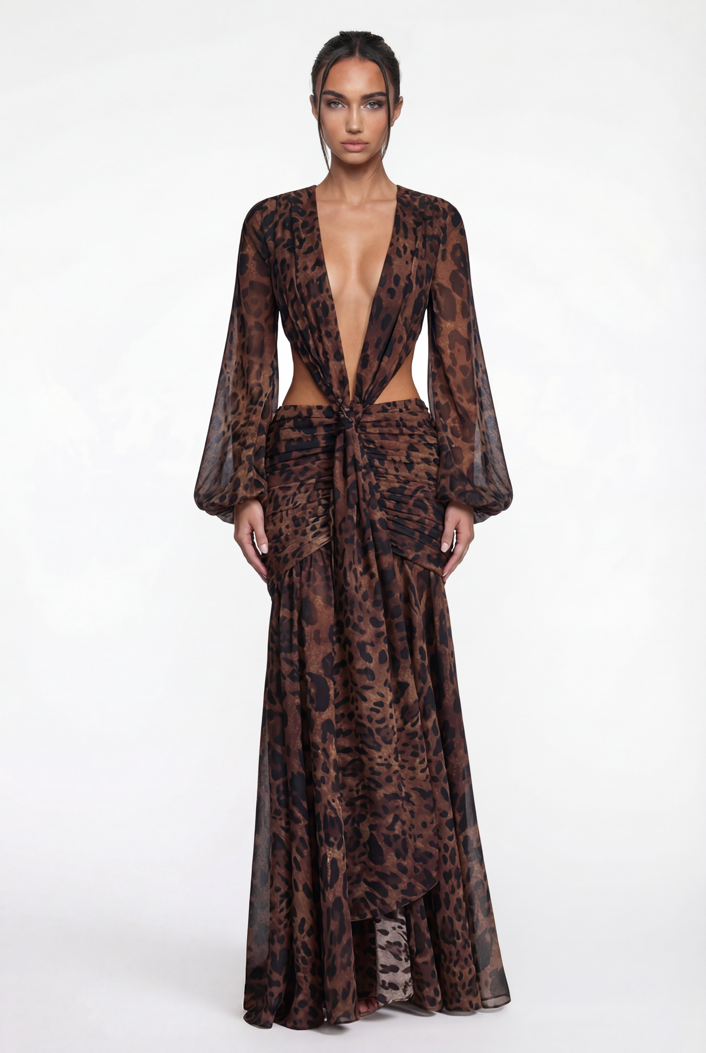 Raya Ruched Cut-Out Maxi Dress – Leopard
