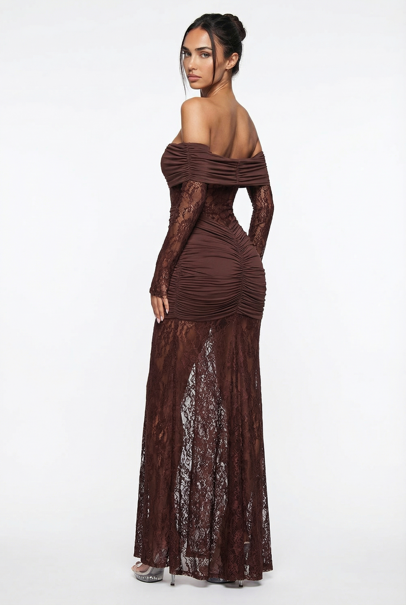 Regina Off-Shoulder Lace Maxi Dress – Brown