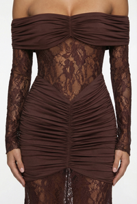Regina Off-Shoulder Lace Maxi Dress – Brown