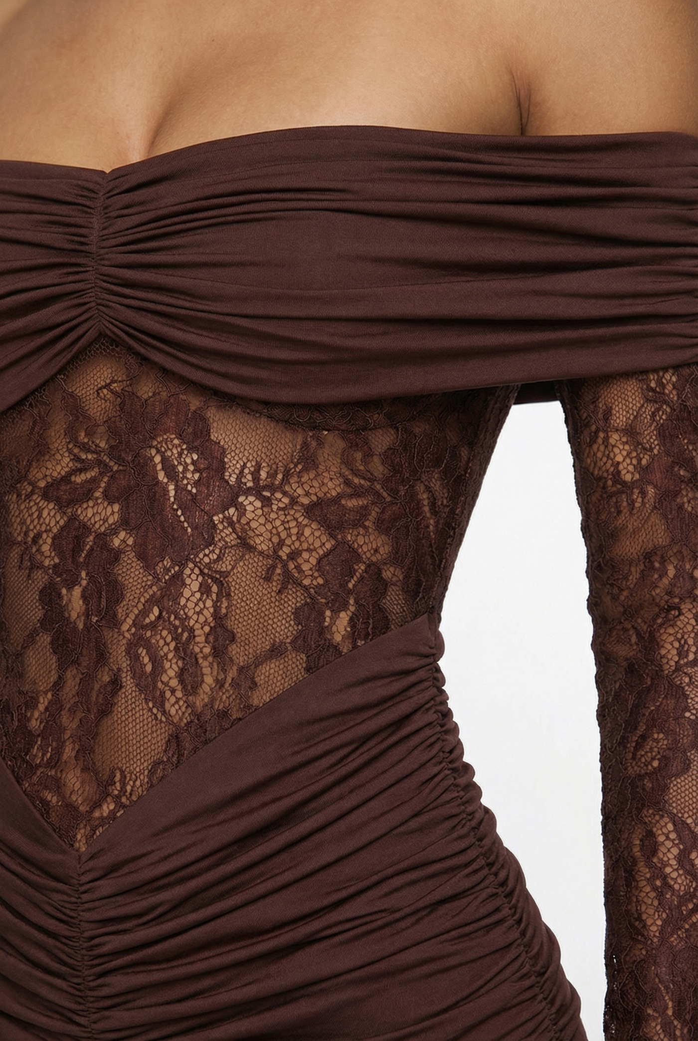 Regina Off-Shoulder Lace Maxi Dress – Brown