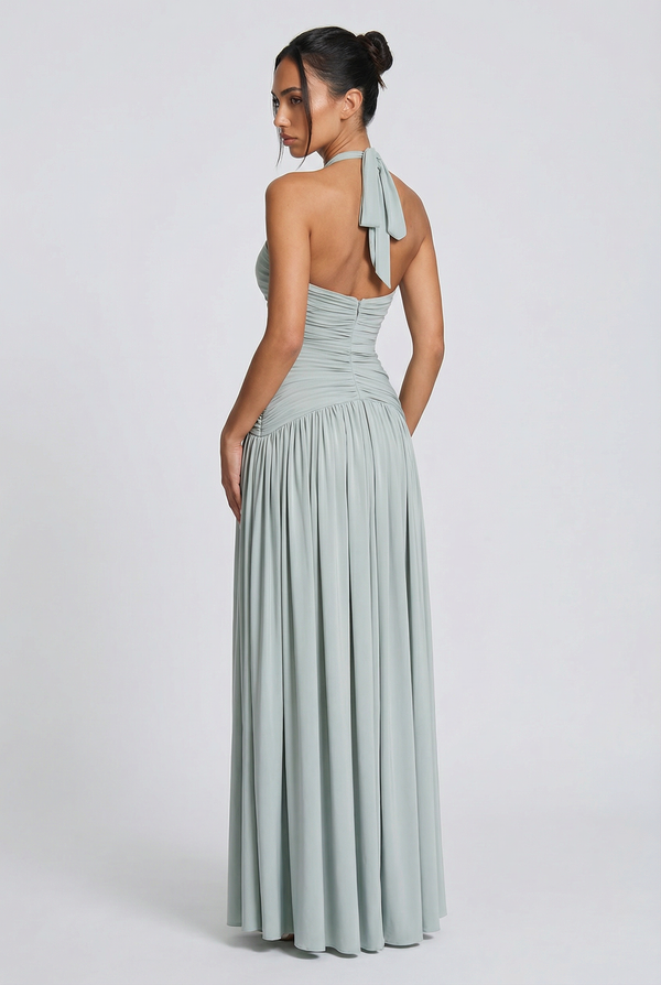 Rian Halter Ruched Maxi Dress – Sage