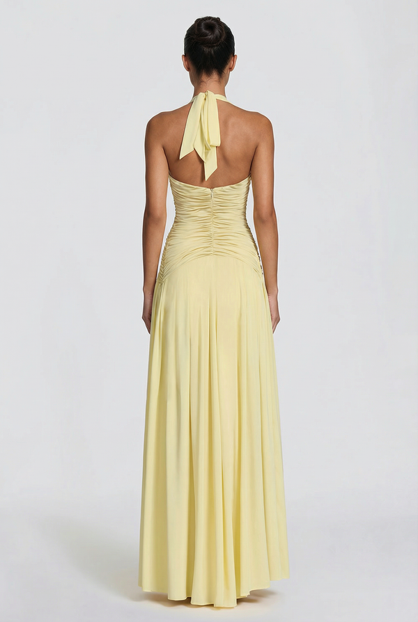 Rian Halter Ruched Maxi Dress – Yellow