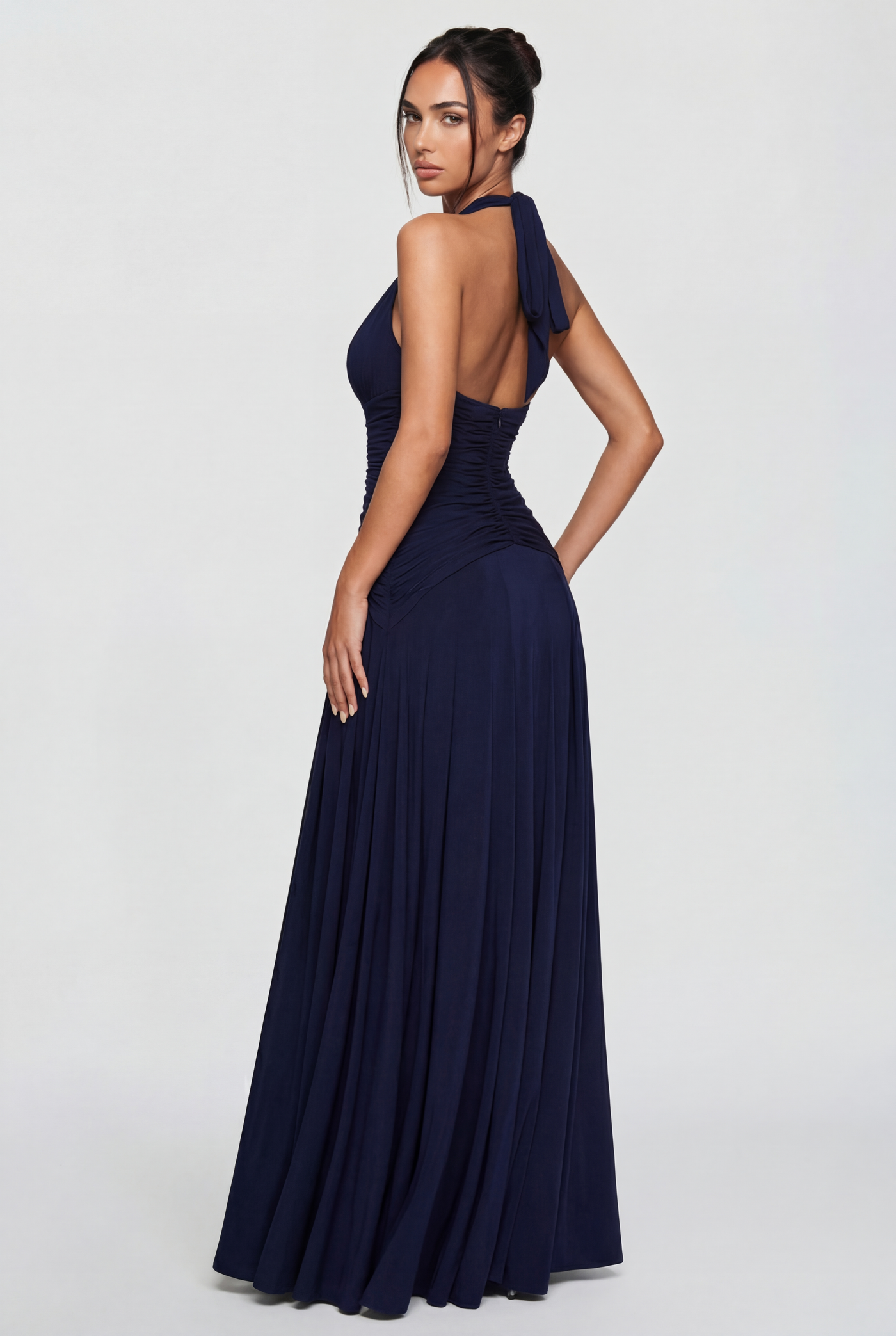 Rian Halter Ruched Maxi Dress – Navy Blue