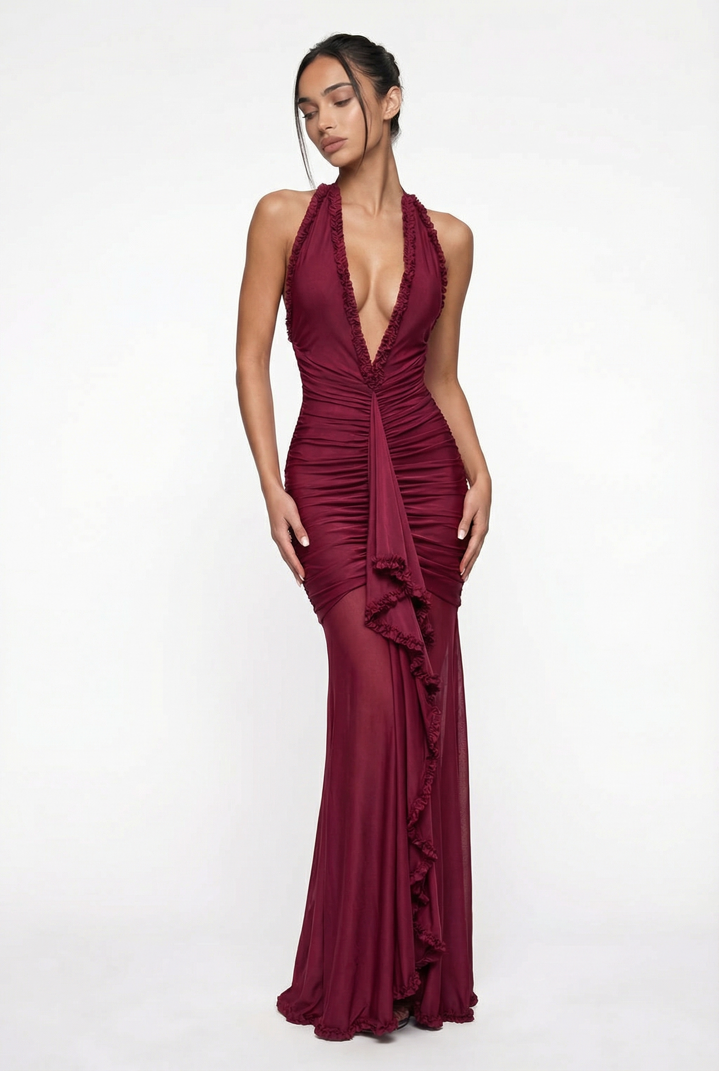 Samara Ruffle Trim Halter Maxi Dress – Burgundy