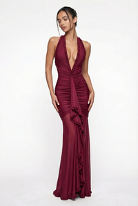 Samara Ruffle Trim Halter Maxi Dress – Burgundy