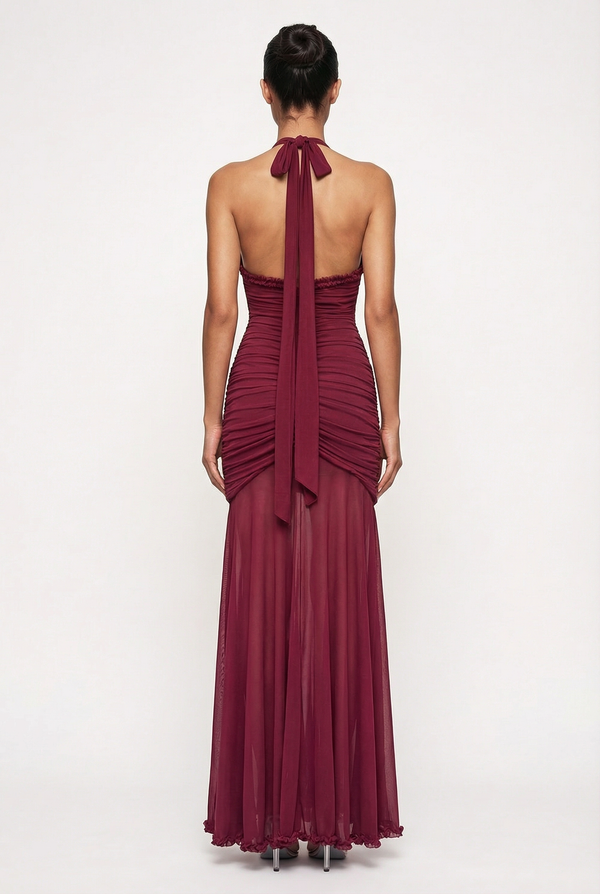 Samara Ruffle Trim Halter Maxi Dress – Burgundy