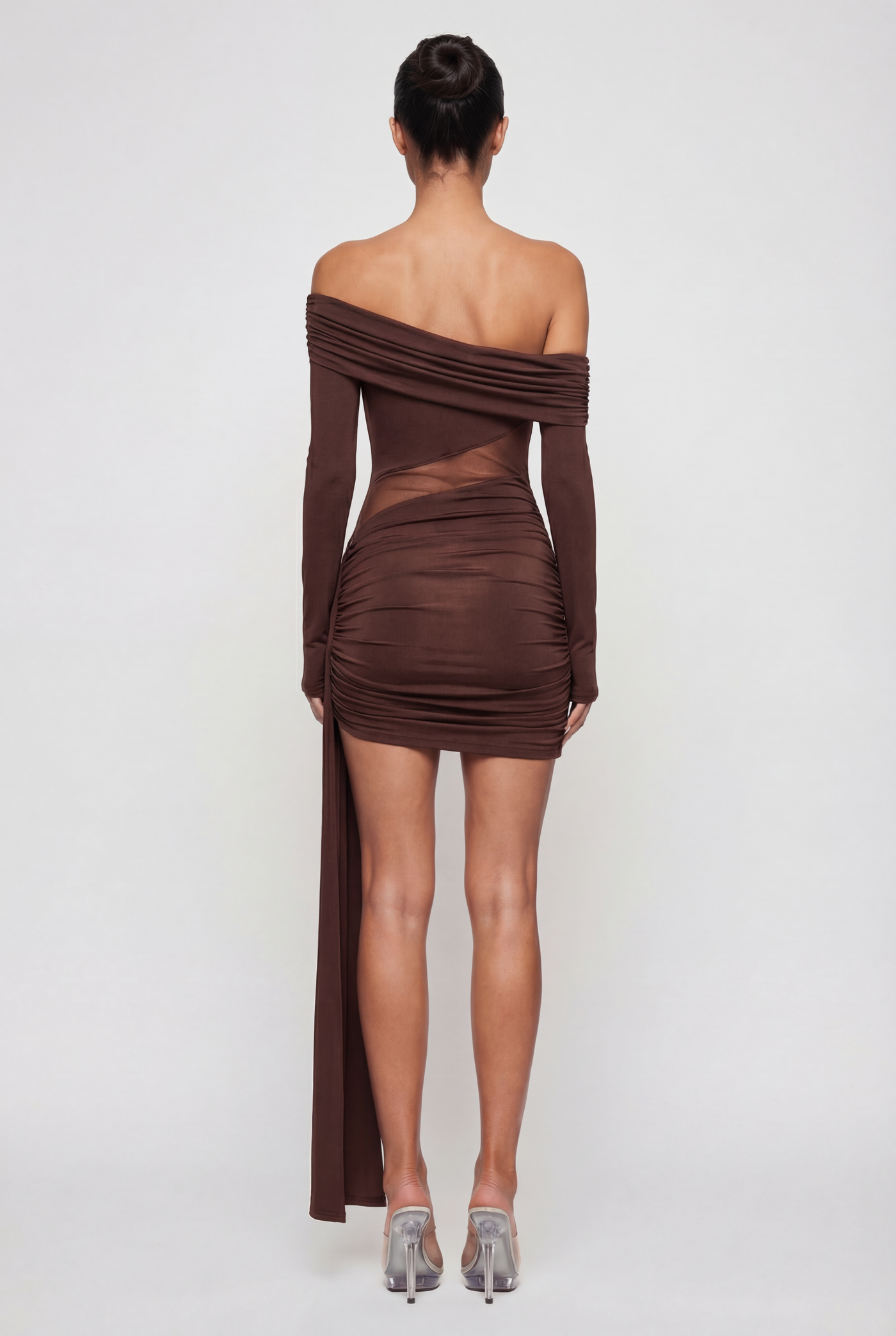 Roxanne Sheer Ruched Mini Dress – Brown