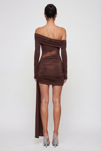 Roxanne Sheer Ruched Mini Dress – Brown