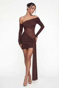 Roxanne Sheer Ruched Mini Dress – Brown