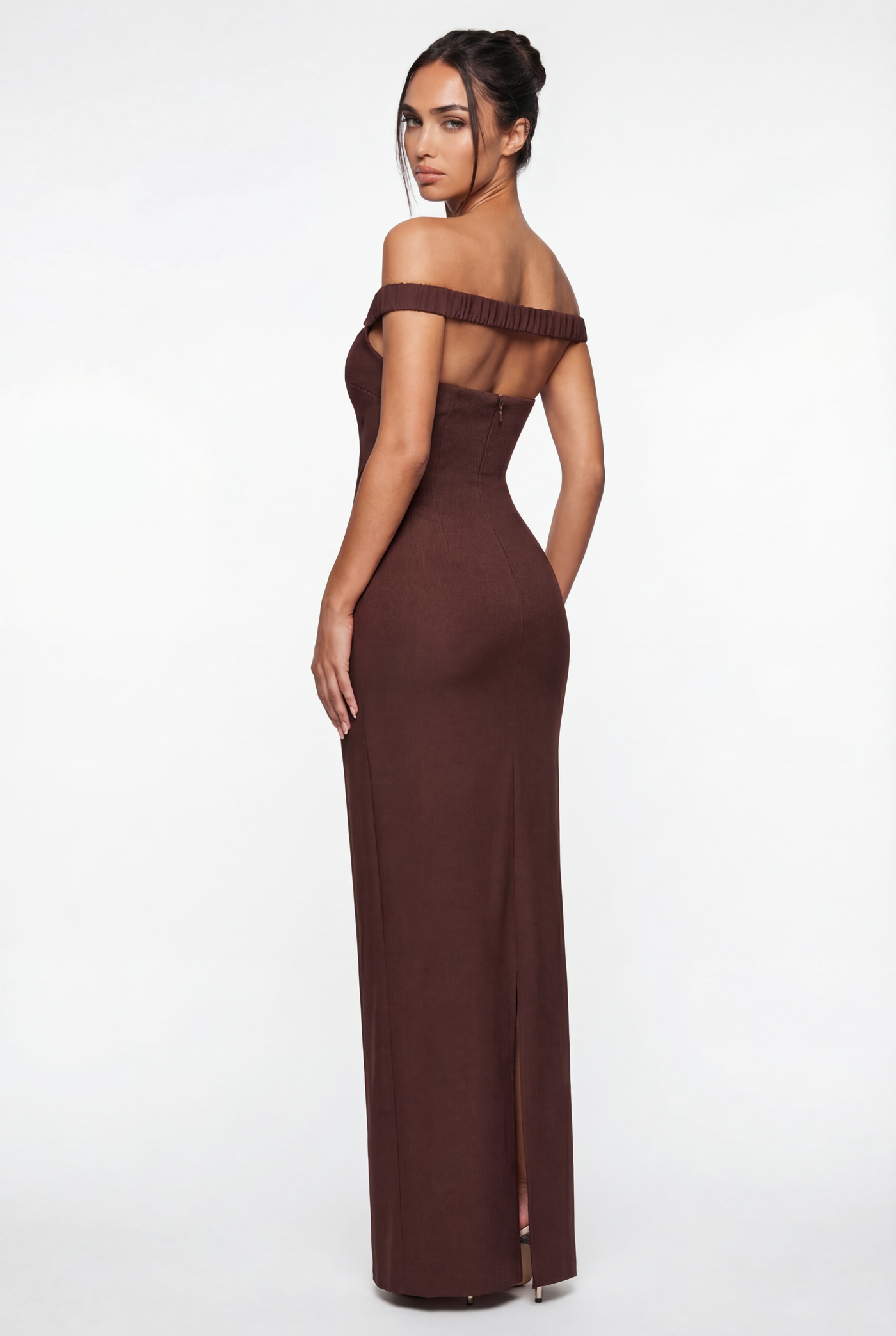 Serena Off-Shoulder Maxi Dress with Scarf – Brown
