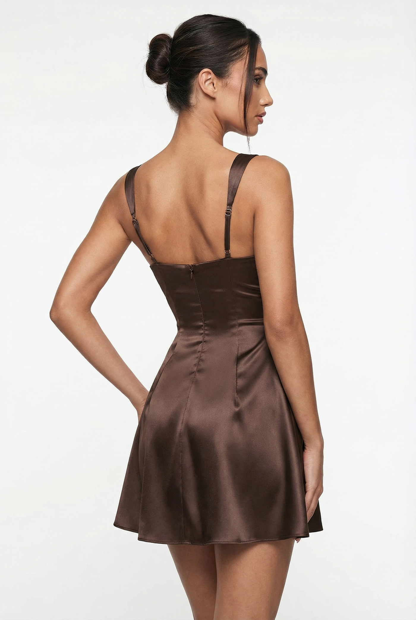 Sofie Square Neck Satin Mini Dress – Brown