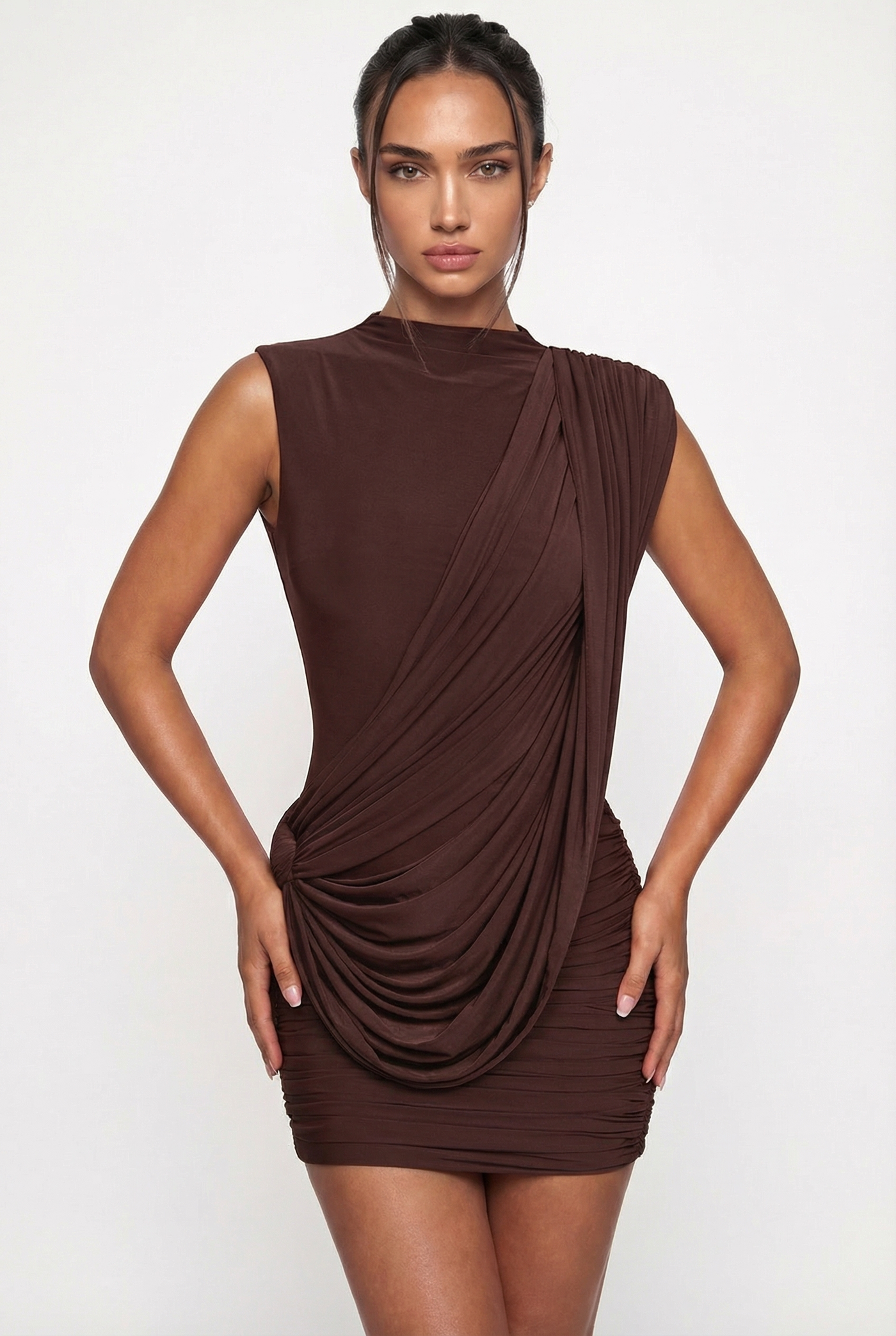 Stacie Asymmetric Draped Mini Dress – Brown