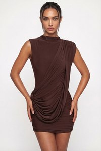 Stacie Asymmetric Draped Mini Dress – Brown