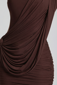 Stacie Asymmetric Draped Mini Dress – Brown