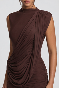 Stacie Asymmetric Draped Mini Dress – Brown