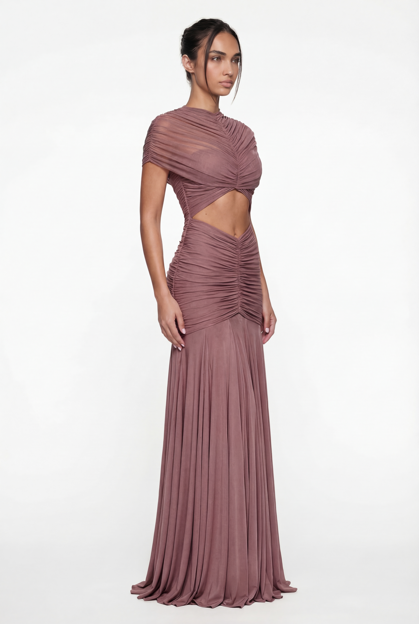 Violeta Sheer Ruched Cut-Out Maxi Dress – Dusty Rose