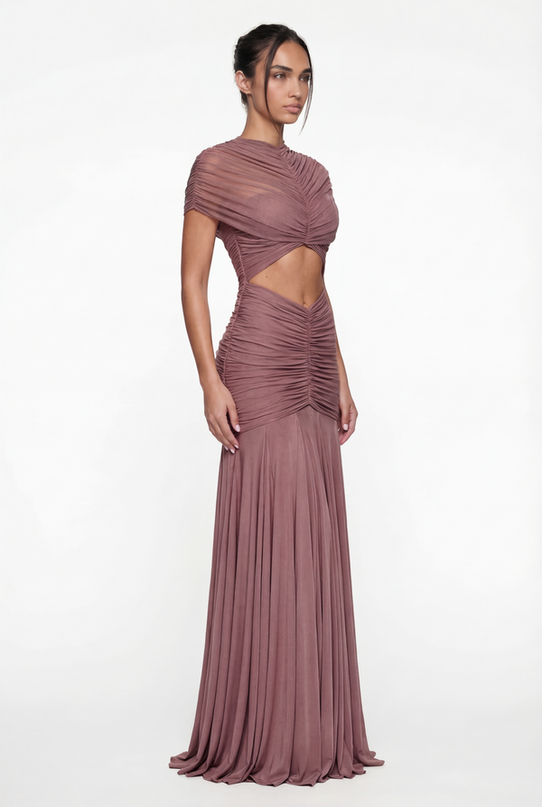 Violeta Sheer Ruched Cut-Out Maxi Dress – Dusty Rose
