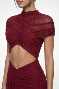 Violeta Sheer Ruched Cut-Out Maxi Dress – Burgundy