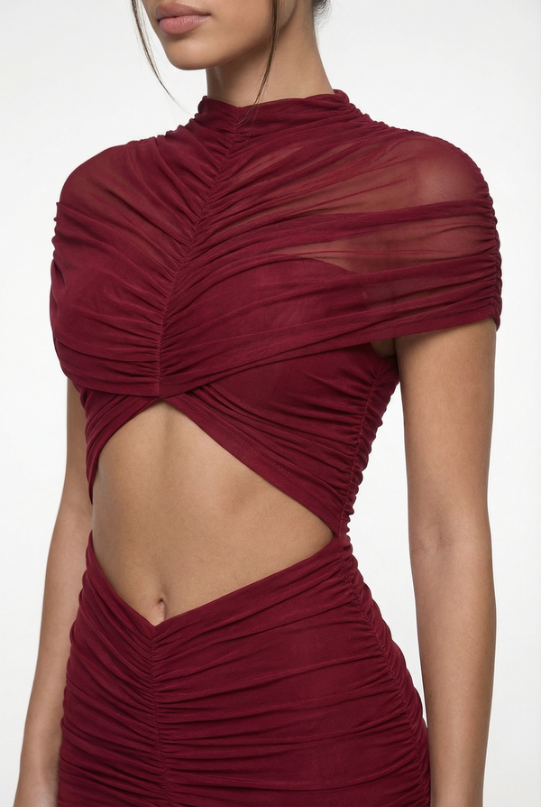 Violeta Sheer Ruched Cut-Out Maxi Dress – Burgundy