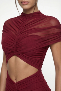 Violeta Sheer Ruched Cut-Out Maxi Dress – Burgundy