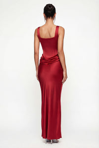Zelda Corset Satin Maxi Dress – Red