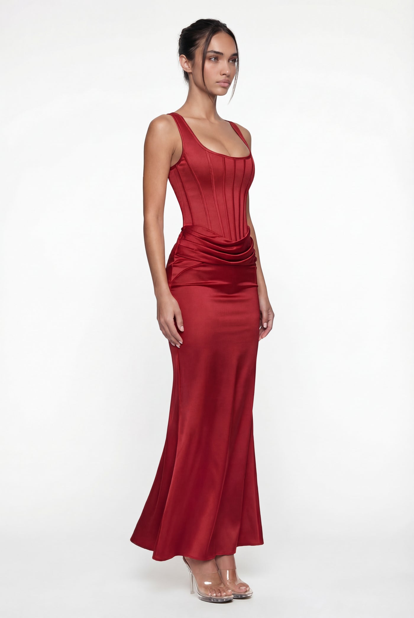Zelda Corset Satin Maxi Dress – Red