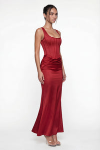 Zelda Corset Satin Maxi Dress – Red