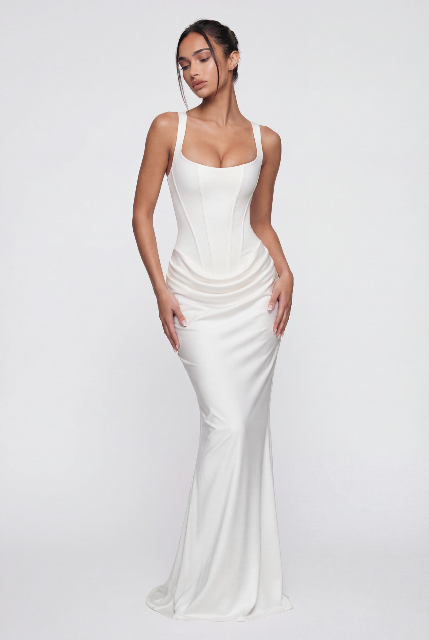 Laura Corset Ruched Maxi Dress – White