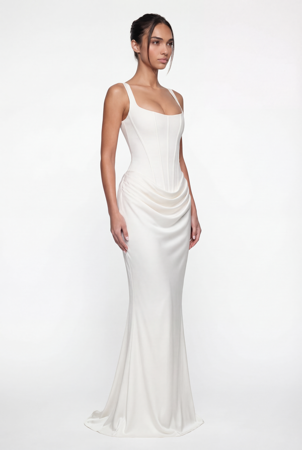 Laura Corset Ruched Maxi Dress – White