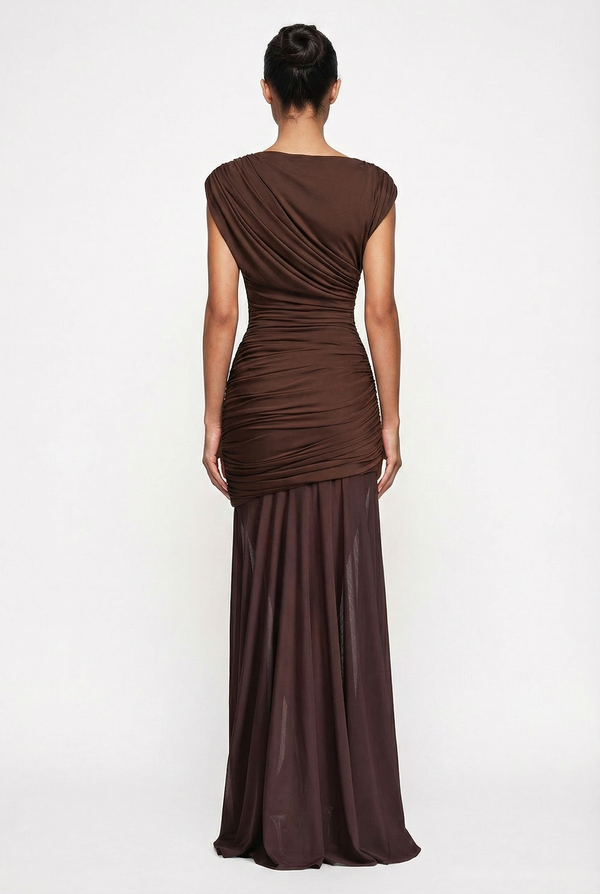 Amaya Sculpted Drape Maxi Dress - Brown