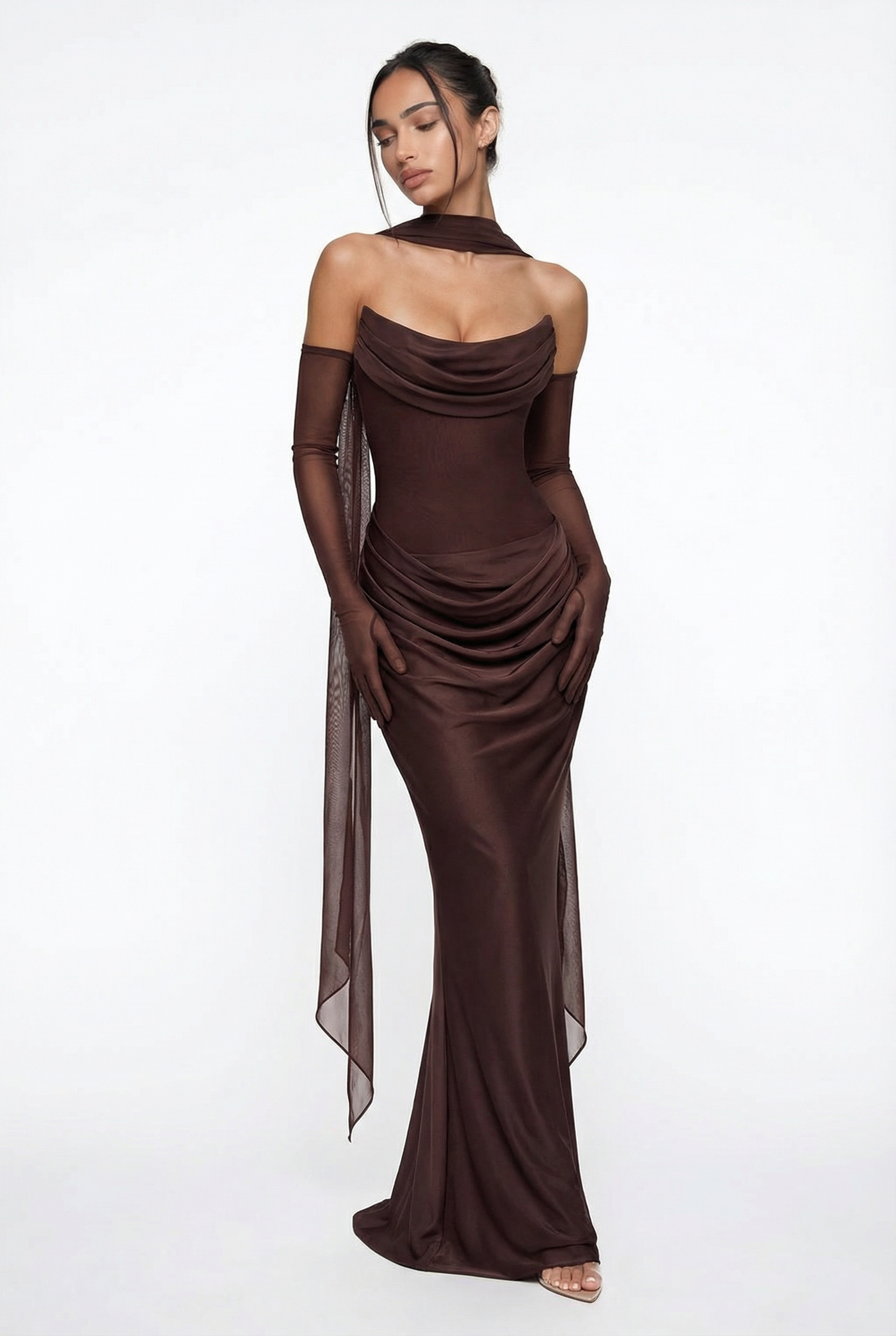Andina Draped Corset Maxi Dress with Gloves & Scarf - Brown