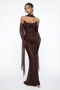 Andina Draped Corset Maxi Dress with Gloves & Scarf - Brown