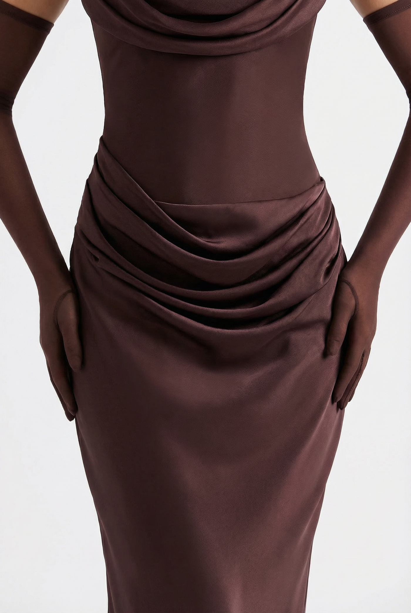 Andina Draped Corset Maxi Dress with Gloves & Scarf - Brown