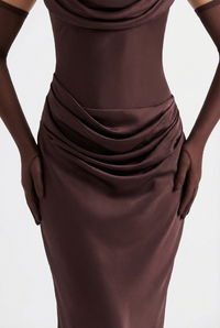 Andina Draped Corset Maxi Dress with Gloves & Scarf - Brown
