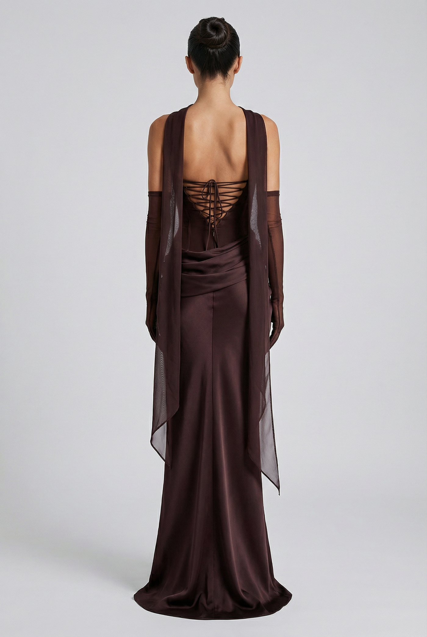Andina Draped Corset Maxi Dress with Gloves & Scarf - Brown