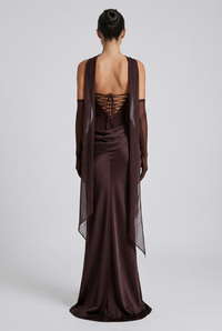 Andina Draped Corset Maxi Dress with Gloves & Scarf - Brown