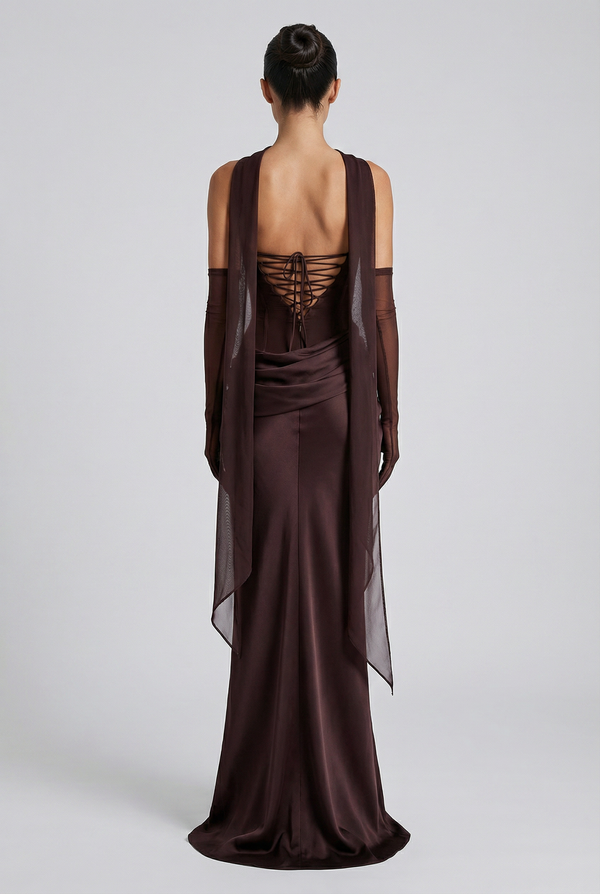 Andina Draped Corset Maxi Dress with Gloves & Scarf - Brown