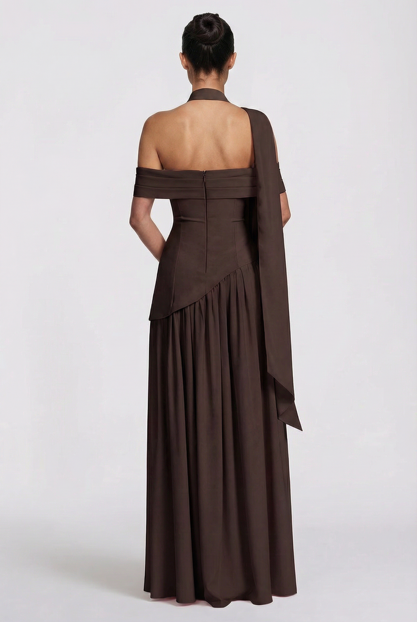 Clarence Off-Shoulder Maxi Dress with Scarf – Brown