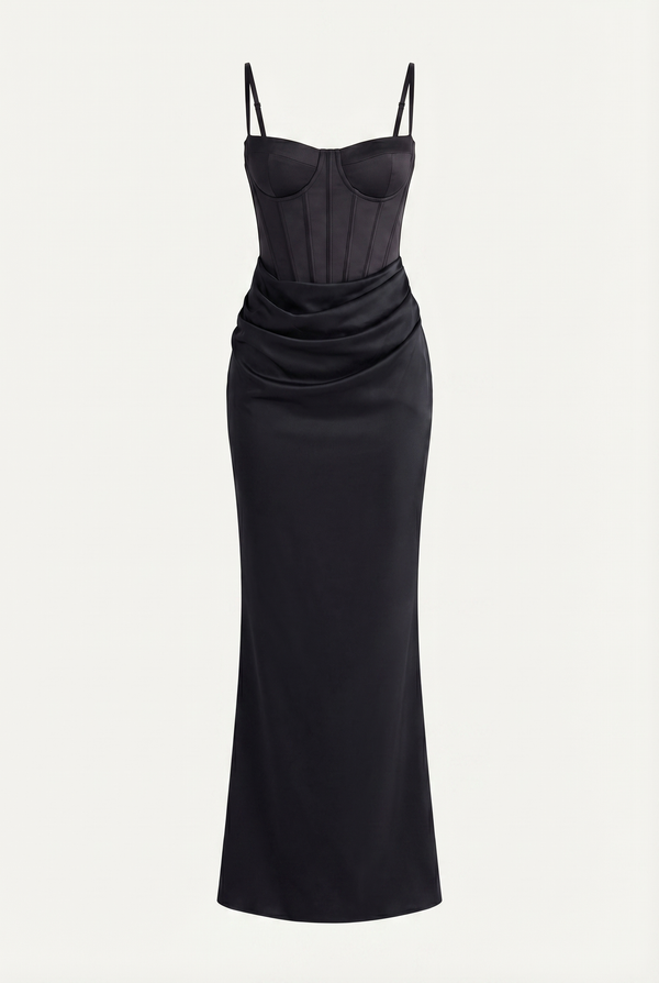 Madison Corset Satin Maxi Dress – Black