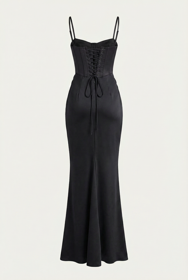 Madison Corset Satin Maxi Dress – Black