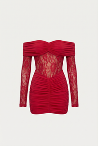 Marie Off-Shoulder Ruched Mini Dress – Red