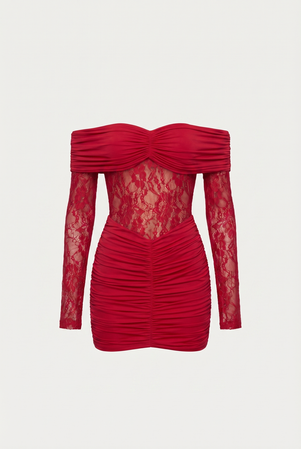 Marie Off-Shoulder Ruched Mini Dress – Red