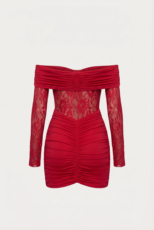 Marie Off-Shoulder Ruched Mini Dress – Red