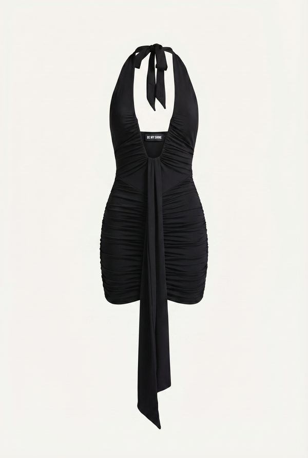 Marcel Ruched Halter Mini Dress – Black