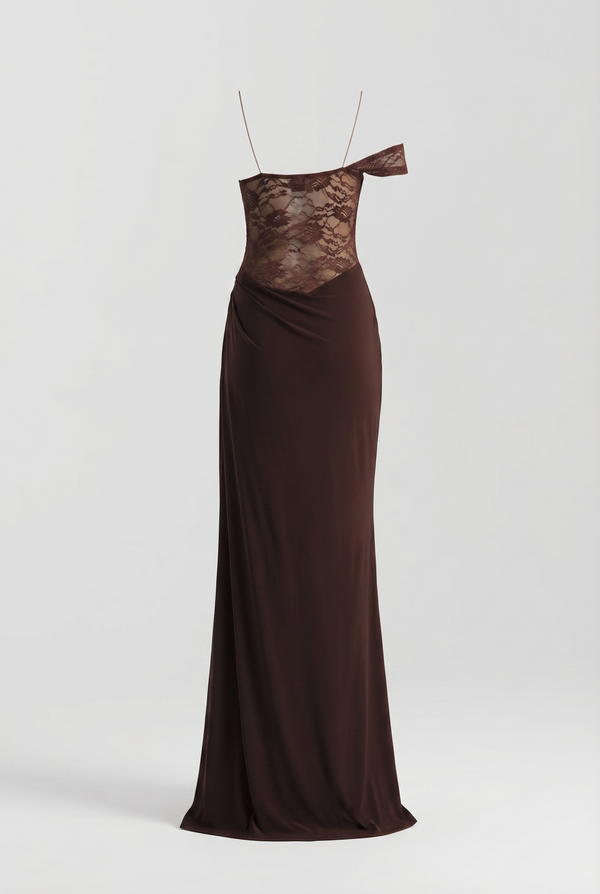 Oria Lace Bodice Maxi Dress – Brown