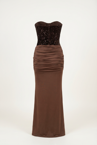 Rinna Velvet Sequin Corset Maxi Dress – Brown
