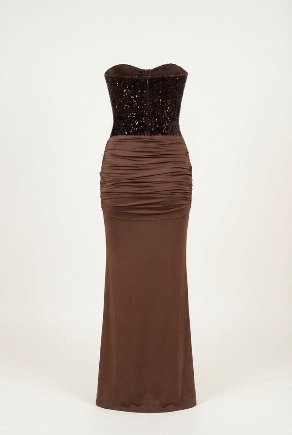 Rinna Velvet Sequin Corset Maxi Dress – Brown
