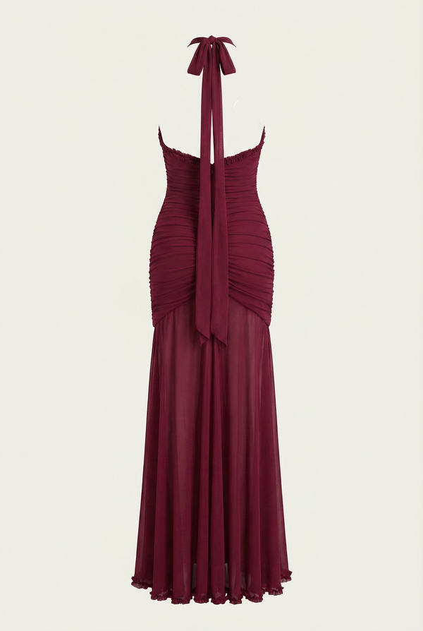Samara Ruffle Trim Halter Maxi Dress – Burgundy