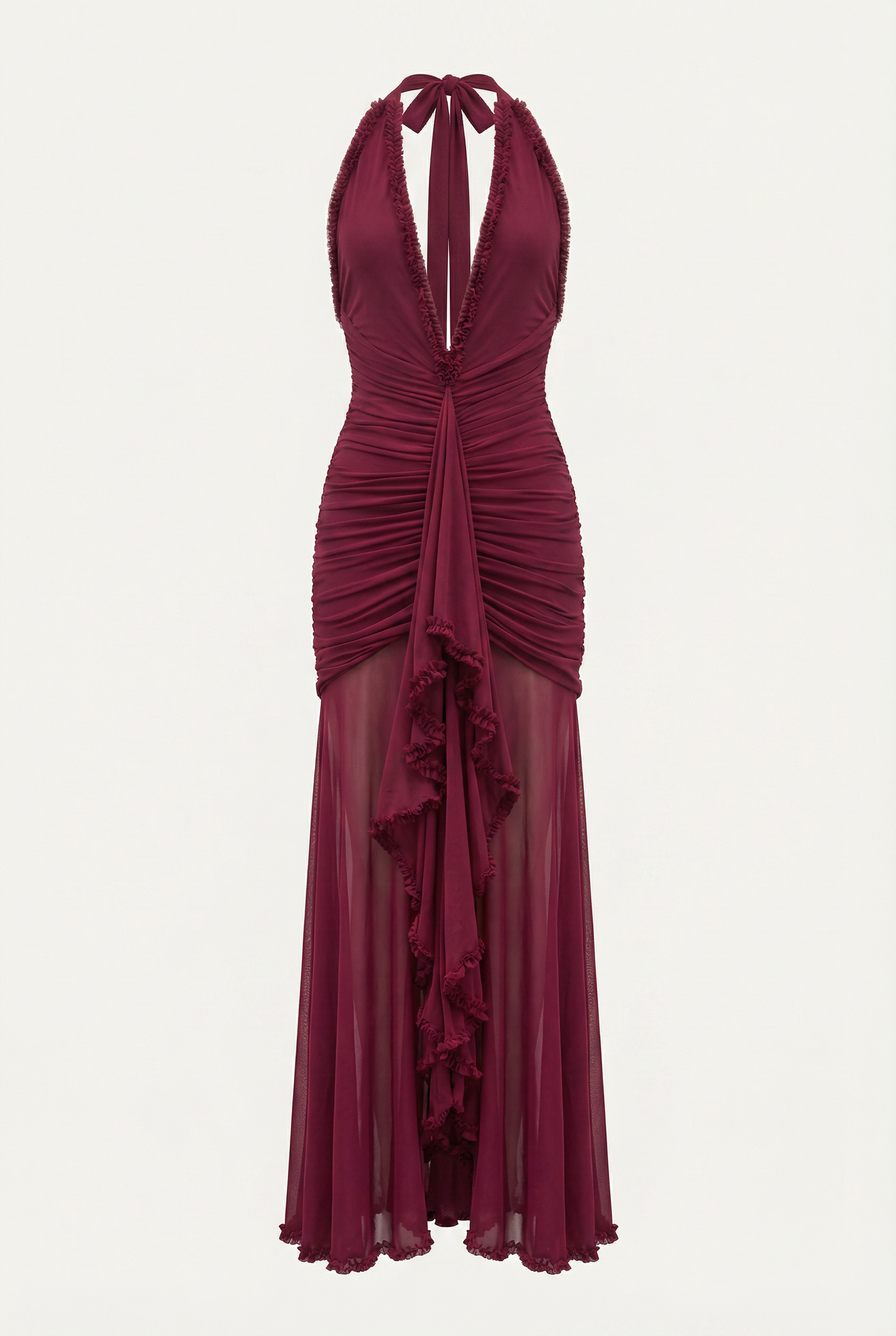 Samara Ruffle Trim Halter Maxi Dress – Burgundy