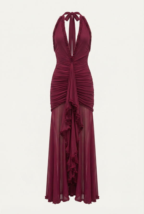 Samara Ruffle Trim Halter Maxi Dress – Burgundy